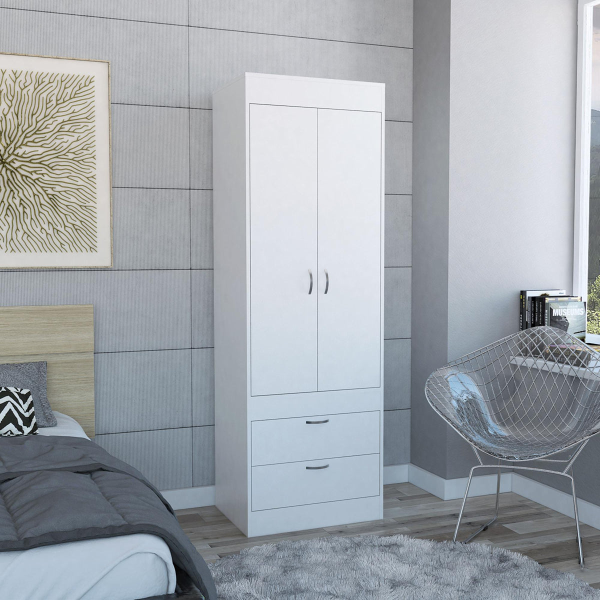 Rhea Armoire, Rod, Double Door, Two Drawers, Metal Handles White