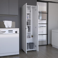 Saga Broom Cabinet Double-Door Design with Inner Shelves and Side Hangers, White