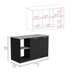 Poem Kitchen Island with Large Top Surface, Double Door Cabinet, and Open Shelves Black / Ibiza Marble