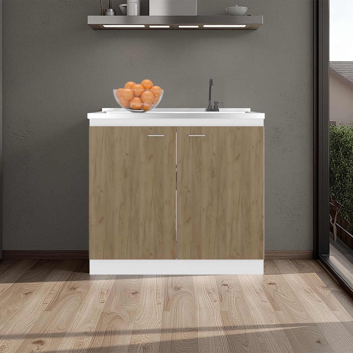 Pulsar Utility Sink with Faucet Inclued and Integrated Stainless Steel Counter top, Freestanding cabinet with two doors, Metal Handles and Two interior shelves, Natural+White