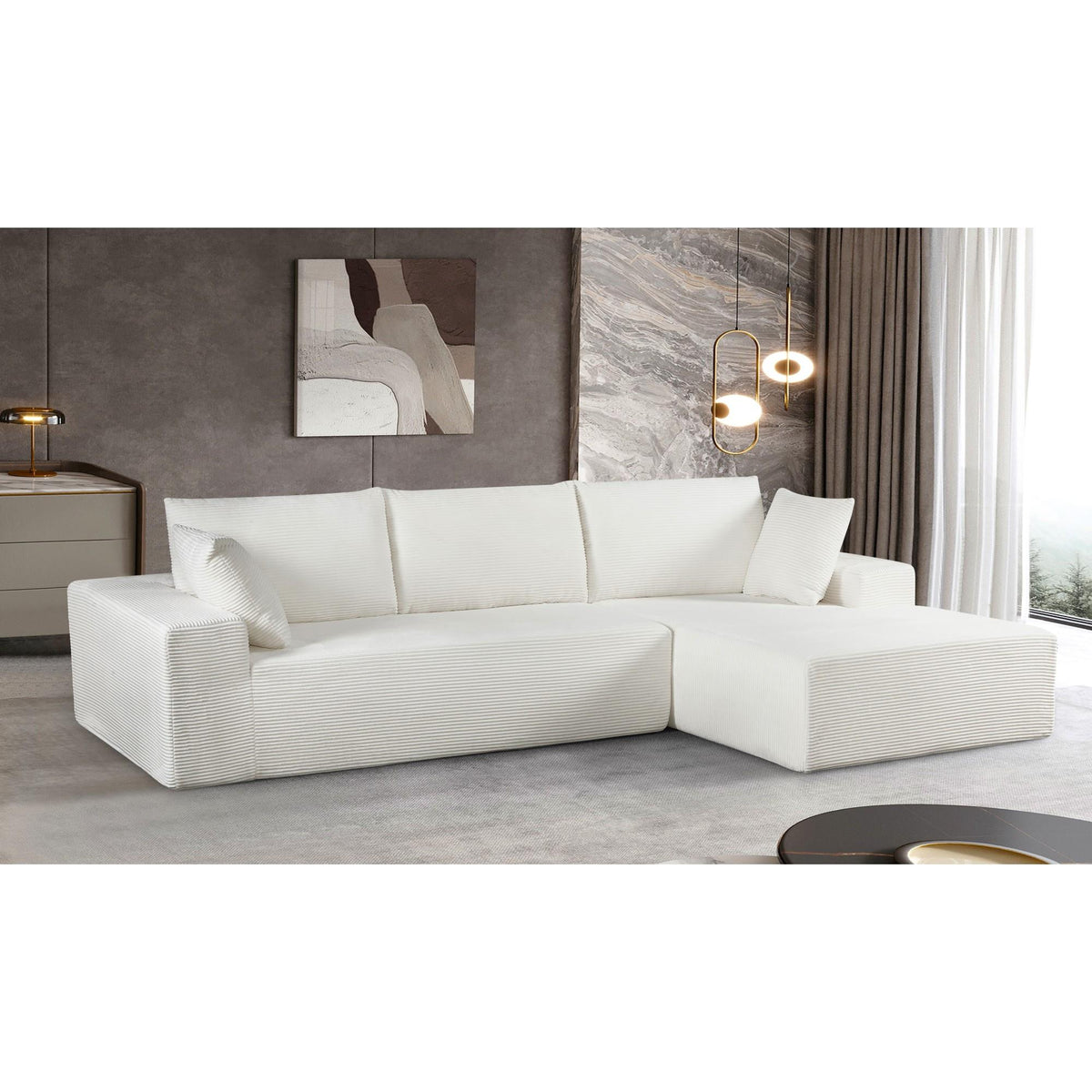 Moon Convertible Sectional Sofa in Soft Corduroy, Modern Comfy Couch with Full Foam Cushioning, Cozy Sleeper Sectional for Living Room, Bedroom, No Assembly Required, Ivory - Right Facing