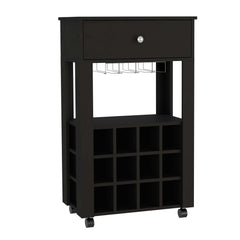 39" H black bar- coffee cart, Kitchen or living room cabinet storage, with 12 bottle racks, a central shelf with  1 Cup holders, 1 drawer ideal for storing small things