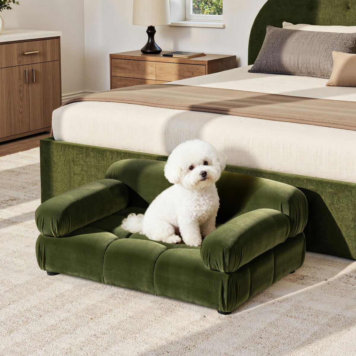 Nova Upholstered Modern Small to Medium Pet Bed For Dogs and Cats Olive Green Velvet