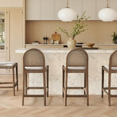 Neptune 26.5" Curved Back Cane Rattan Counter Stool, Set of 2, Two-Tone Neutral Gray Polyester Wool Blend
