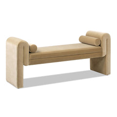Avalon 60.5" Arched Arm Bench with Bolster Pillows, Camel Brown Beige Performance Velvet