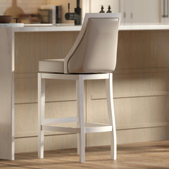 Swivel 31"H Bar Stool with Tall Back, White with Gray Faux-Leather Seat, 1PC