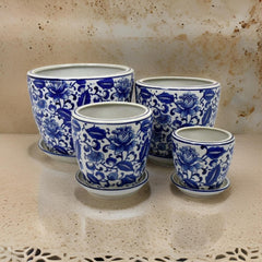 Celestia With Saucer Set of 4, Vintage Blue Floral Print, White Ceramic