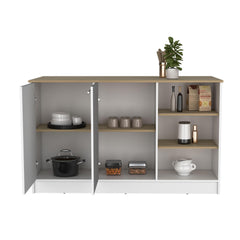 Archive Kitchen Island, Three Open Shelves, Two Cabinets White - Natural Oak