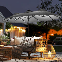 Double-sided Patio Umbrella, 9.7' Outdoor Umbrella with Tilt and Crank, LED Solar Light and 12 Ribs, Gray