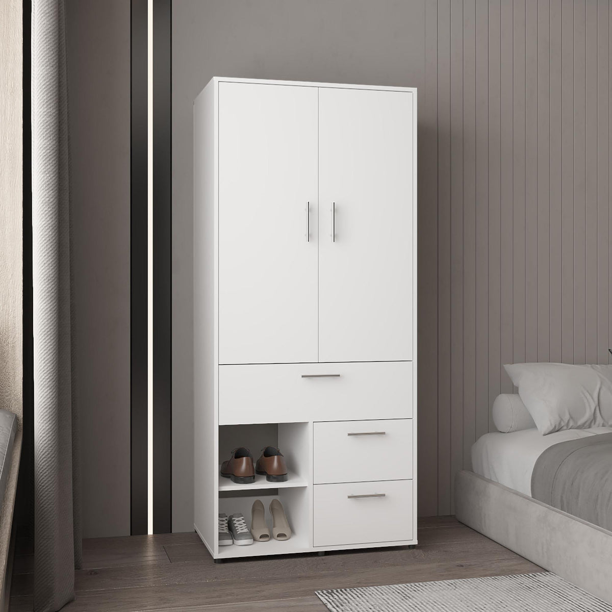 Vista Armoire With Double Doors, Hanging Rod And Interior Shelves, Freestanding Modern Wardrobe Closet, White
