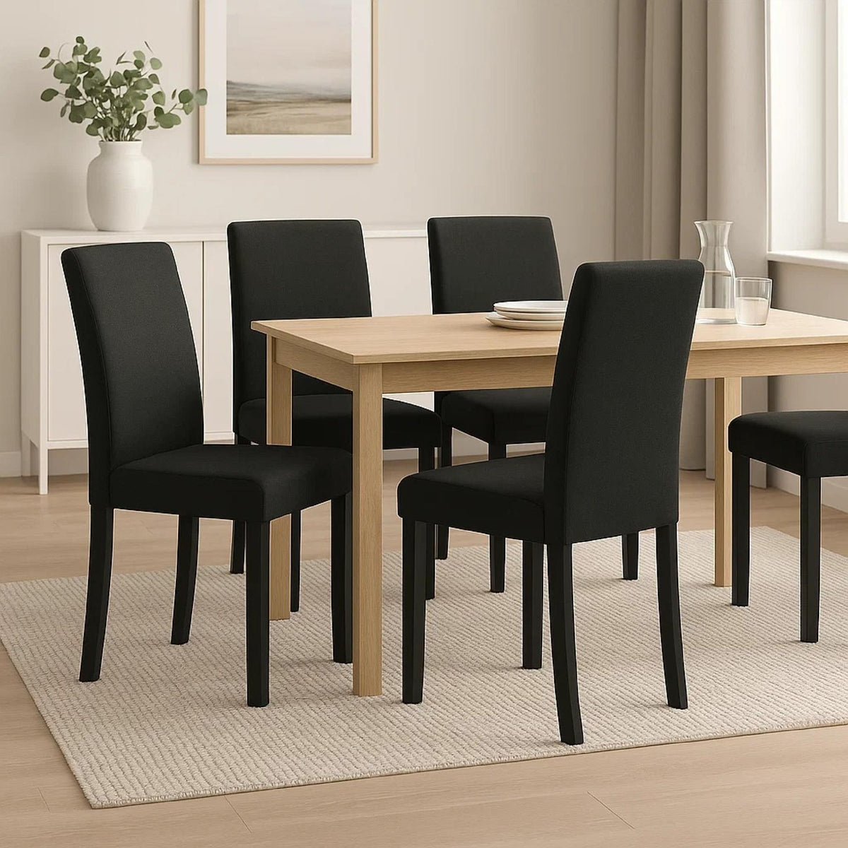 Pandora Dining Chair Set of 4, Black Wood Frame, Fabric Seat and Backrest