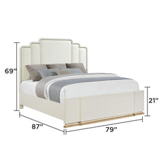 Cassandra 4-Piece King Bedroom Set in Beige with Upholstered Bed, Dresser, Mirror and Nightstand
