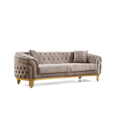 Clytemnestra Modern Style Button Tufted Sofa Made of Wood and Gold Coated Metal Legs in Taupe Color