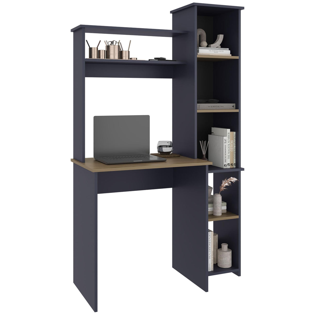 Valhalla Writing Desk, Modern Studio or Office Desk, Two Superior Shelves, And Five Side Open Shleves For Books Organization
