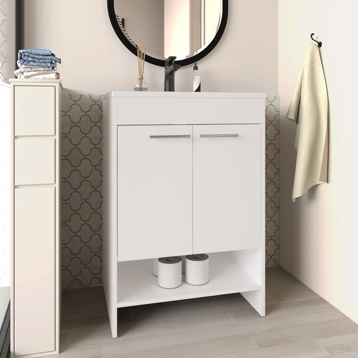 Hector Floor Vanity With Four Drawers And Two Open Shelves, White