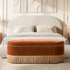Avalon 48.5" Oval Tufted Bullion Fringe Storage Bench, Burnt Orange Performance Velvet