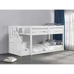 Transitional Style Twin Over Twin Low Bunk Bed Reversible Storage Drawers Staircase White Finish Mattress Ready Bedroom Furniture
