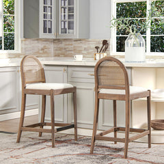 Neptune 26.5" Curved Back Cane Rattan Counter Stool, Set of 2, Ivory White Boucle