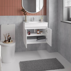 Journal Floating, Wide Double Door Vanity, With Resin Sink And Two Shelves, Bathroom Storage, White