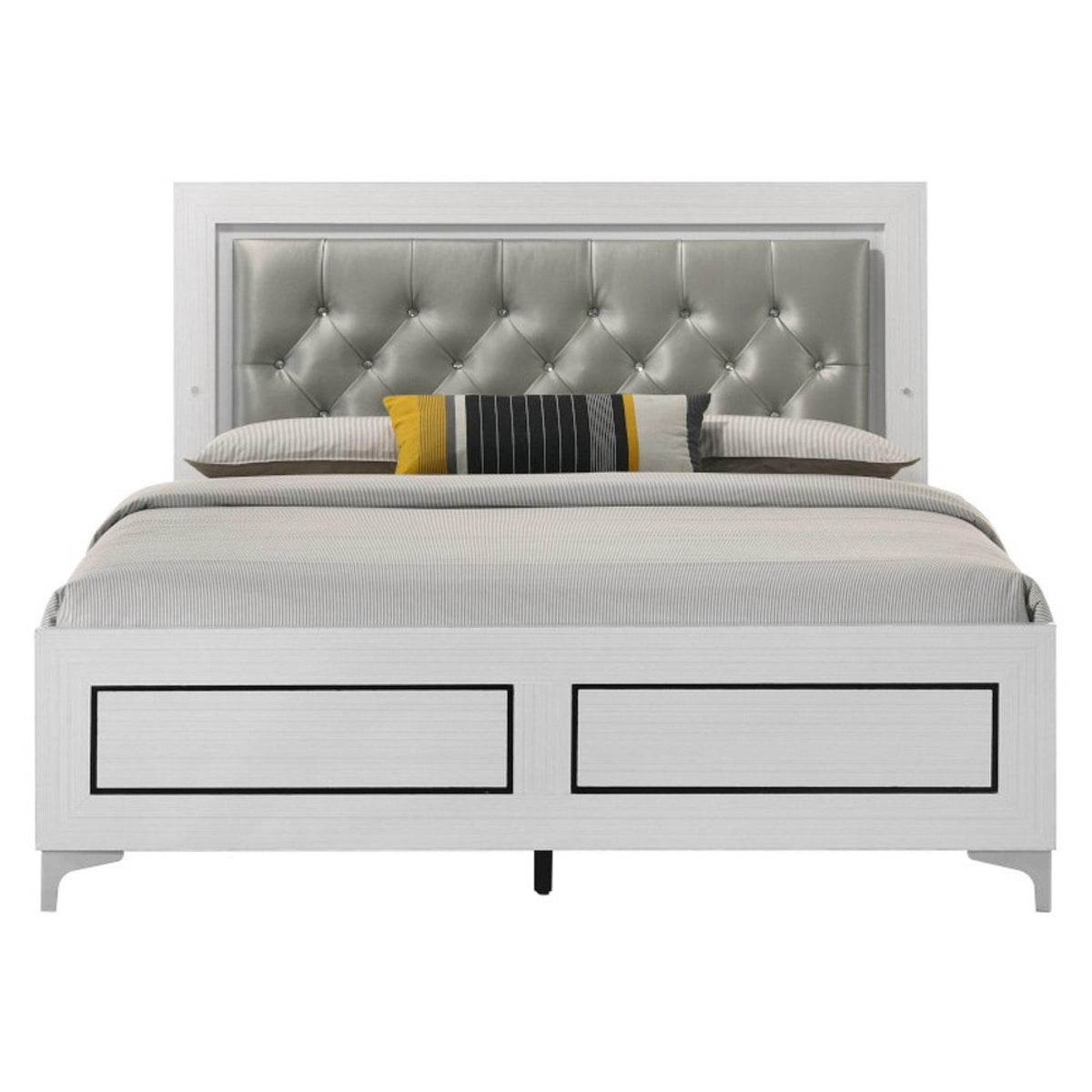 Contemporary White Finish Queen Size Platform Bed w LED Light Headboard Gray PU Upholstered Wooden Bedroom Furniture 1pc