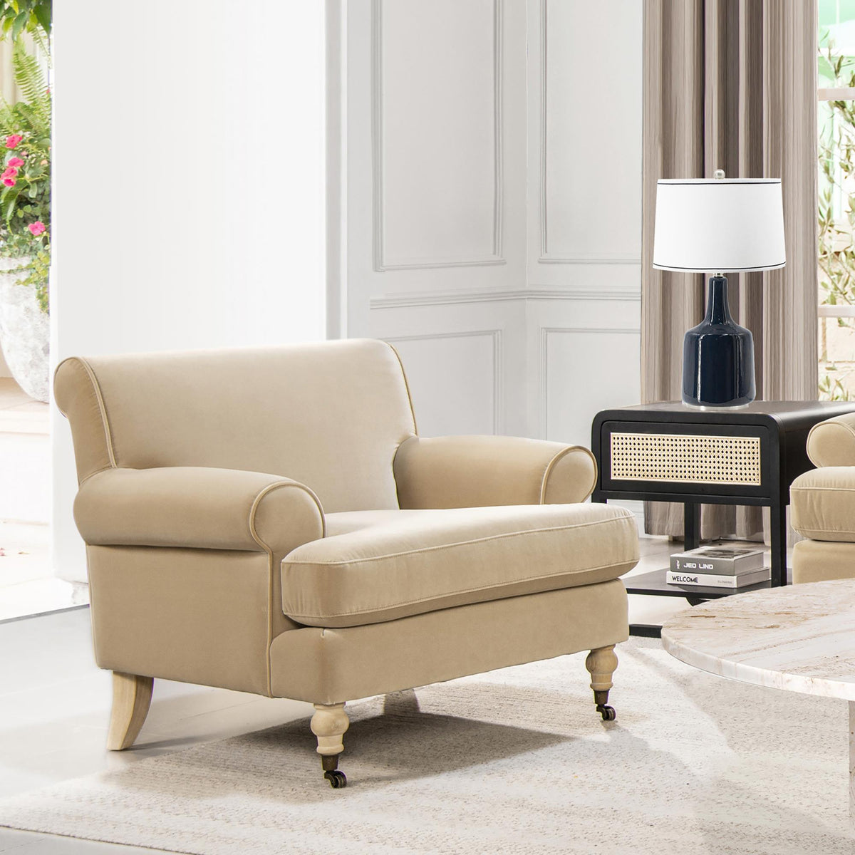 Polyxena 38" Lawson Accent Arm Chair Metal Casters, Fawn Brown Performance Velvet