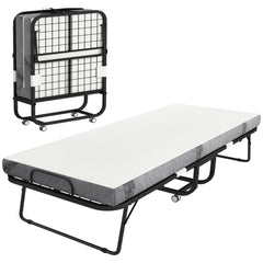 Folding Bed with Mattress for Adults, Long Twin Size, Portable Foldable Bed with 4" Foam Mattress & Space-Saving Steel Frame, 79" x 35", Fold Up, Roll Away & Hideaway, White