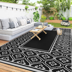 Reversible Outdoor Rug, Waterproof Plastic Straw with Carry Bag, 9' x 18', Black & Gray Gourd Border