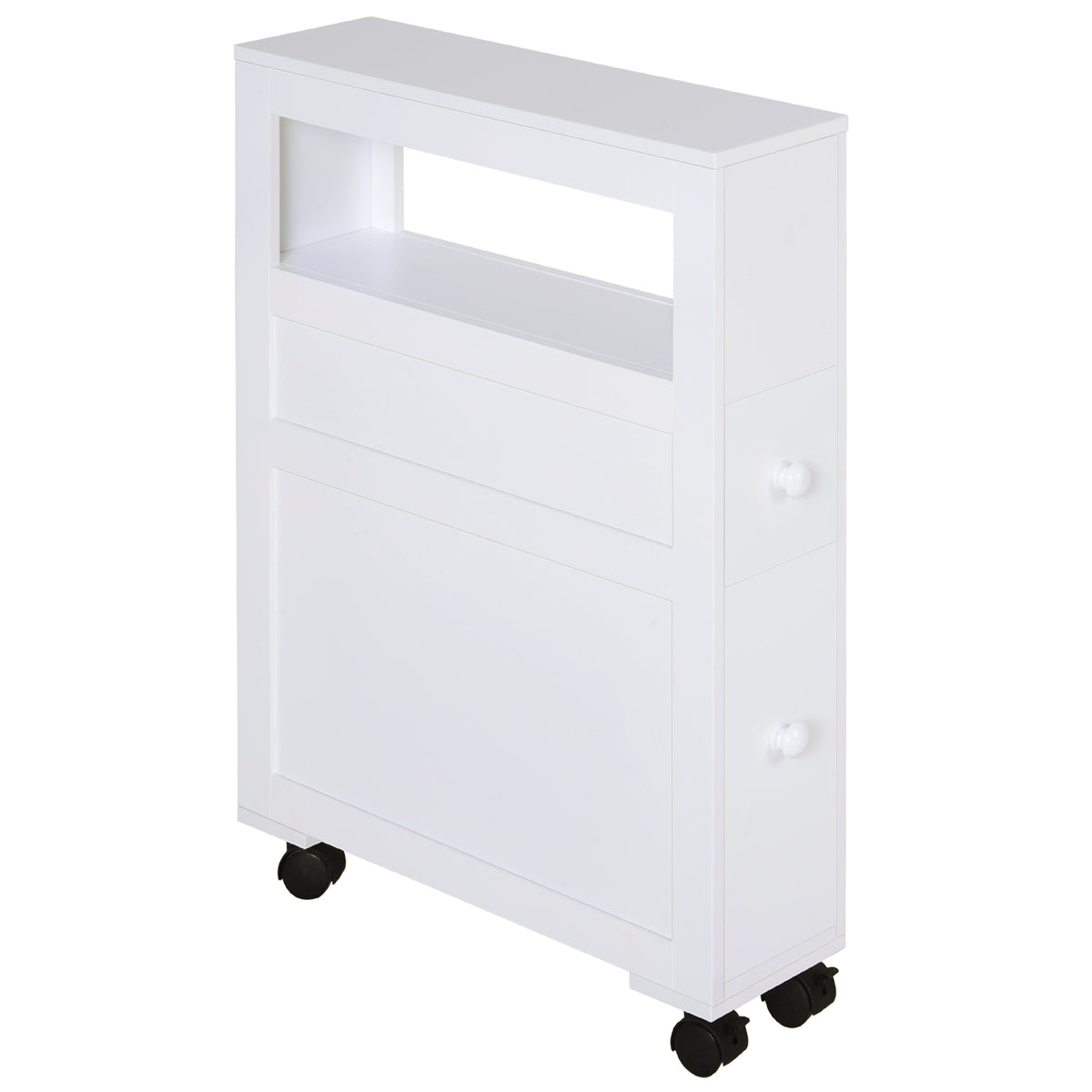6.25" x 20.5" x 28.25" Wood Rolling Narrow Bathroom Side Storage Cabinet - White