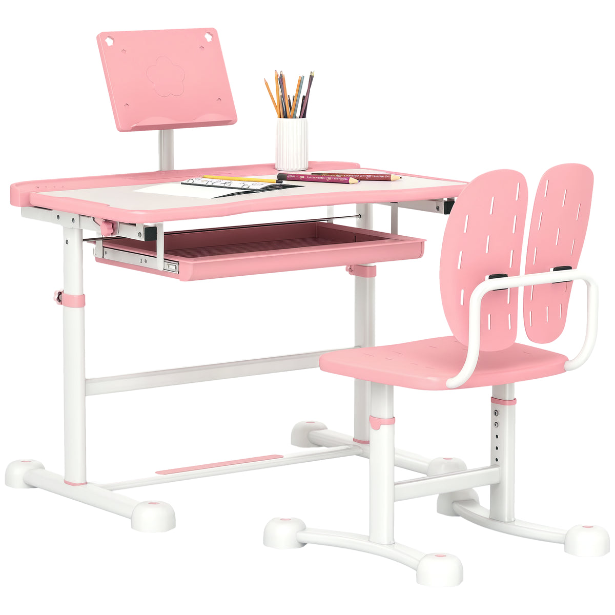 Adjustable Kids Desk and Chair Set with Tilt Desktop & Storage, Pink