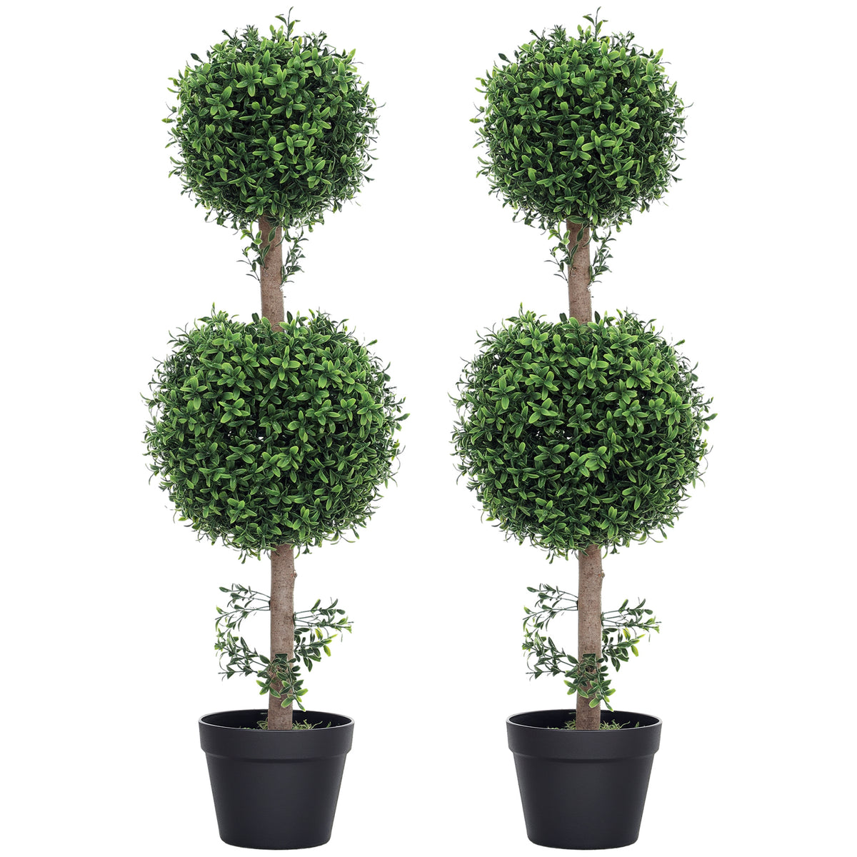 Set of 2 Artificial Ball Boxwood Topiary Trees, Fake Plants in Pot for Indoor Outdoor Living Room Green