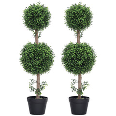 Set of 2 Artificial Ball Boxwood Topiary Trees, Fake Plants in Pot for Indoor Outdoor Living Room Green