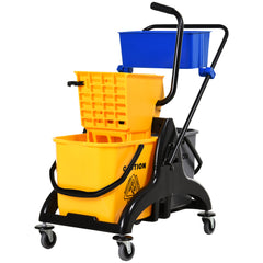 2 x 6.9 Gallon Mop Water Bucket Wringer Cart with Easy to Use Side Press Wringer, Smooth Wheels, Mop-Handle Holder