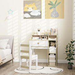 Kids Desk and Chair Set with Storage Shelves, Drawer for 3-10 Years, White