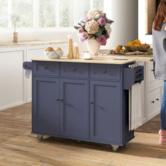 Kitchen Island on Wheels with Drop Leaf, Charging Station, Rolling Kitchen Cart with Wood Top, Adjustable Shelf, Blue