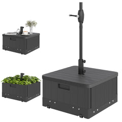 2-in-1 Outdoor Umbrella Base, Planter Box with Drain Hole, 175 lbs. Capacity Heavy Duty Fillable Patio Umbrella Stand Table with Wheels and Handles for Deck, Poolside, Black