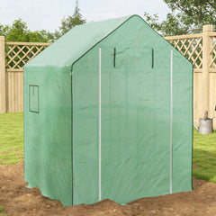 4.6' x 4.7' Portable Greenhouse, Water/UV Resistant Walk-In Small Outdoor Green House with 2 Tier U-Shaped Flower Rack Shelves, Roll Up Door & Windows, Green