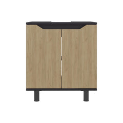 Jason Under Sink Cabinet with Two Doors and Interior Storage Shelves, Cut-Out Back, 22 Wide Freestanding, Modern Bathroom Storage, Black, Natural Oak