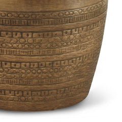 Perseus 15 inch Wide Tribal Pattern Metal Accent Table in Antique Gold