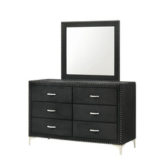 Glam Style 1pc Six Drawers Dresser Fabric Upholstered Tufted Nailhead Tempered Glass Wood Metal Fabric Bedroom Furniture