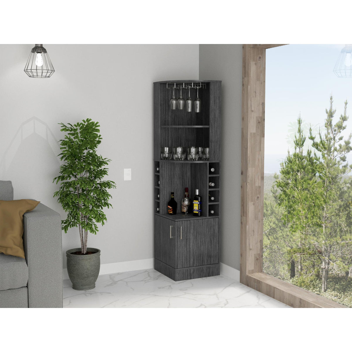 Story Corner Bar Cabinet, Eight Bottle Cubbies, Double Door, Two Open Shelves -Smokey Oak