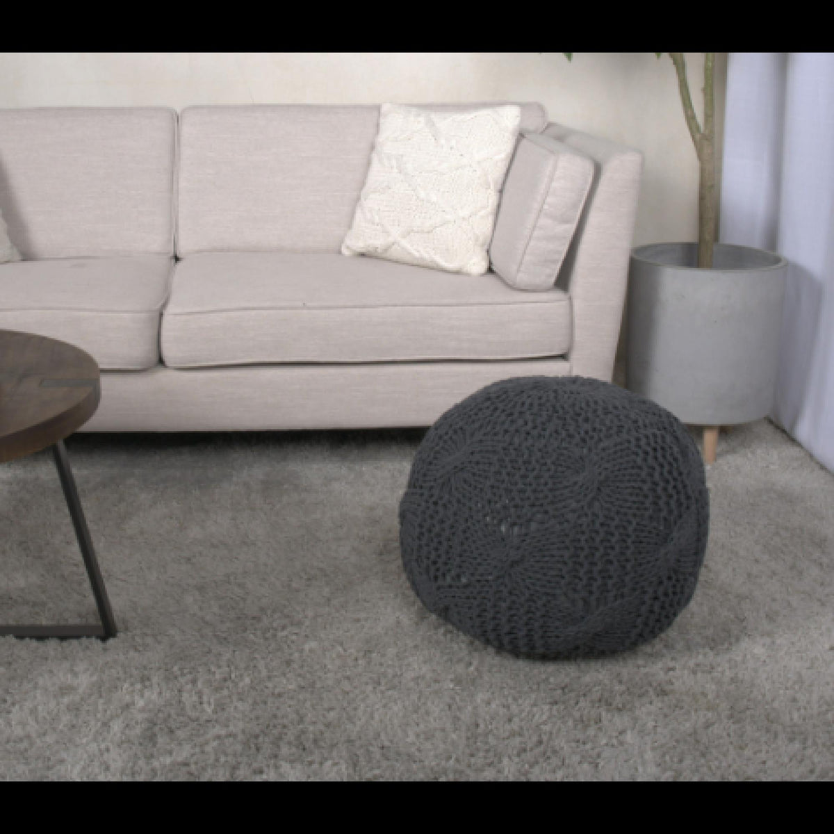 Poseidon Knitted Cotton Round Pouf, Dark Gray