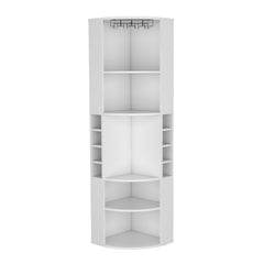 Aura Corner Bar Cabinet with Five Shelves , Eight Bottle Cubbies and Steamware White
