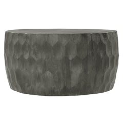 Harmony 34 Inch Handcrafted Mango Wood Coffee Table, Hammered Round Drum Shape, Honeycomb, Rustic Gray