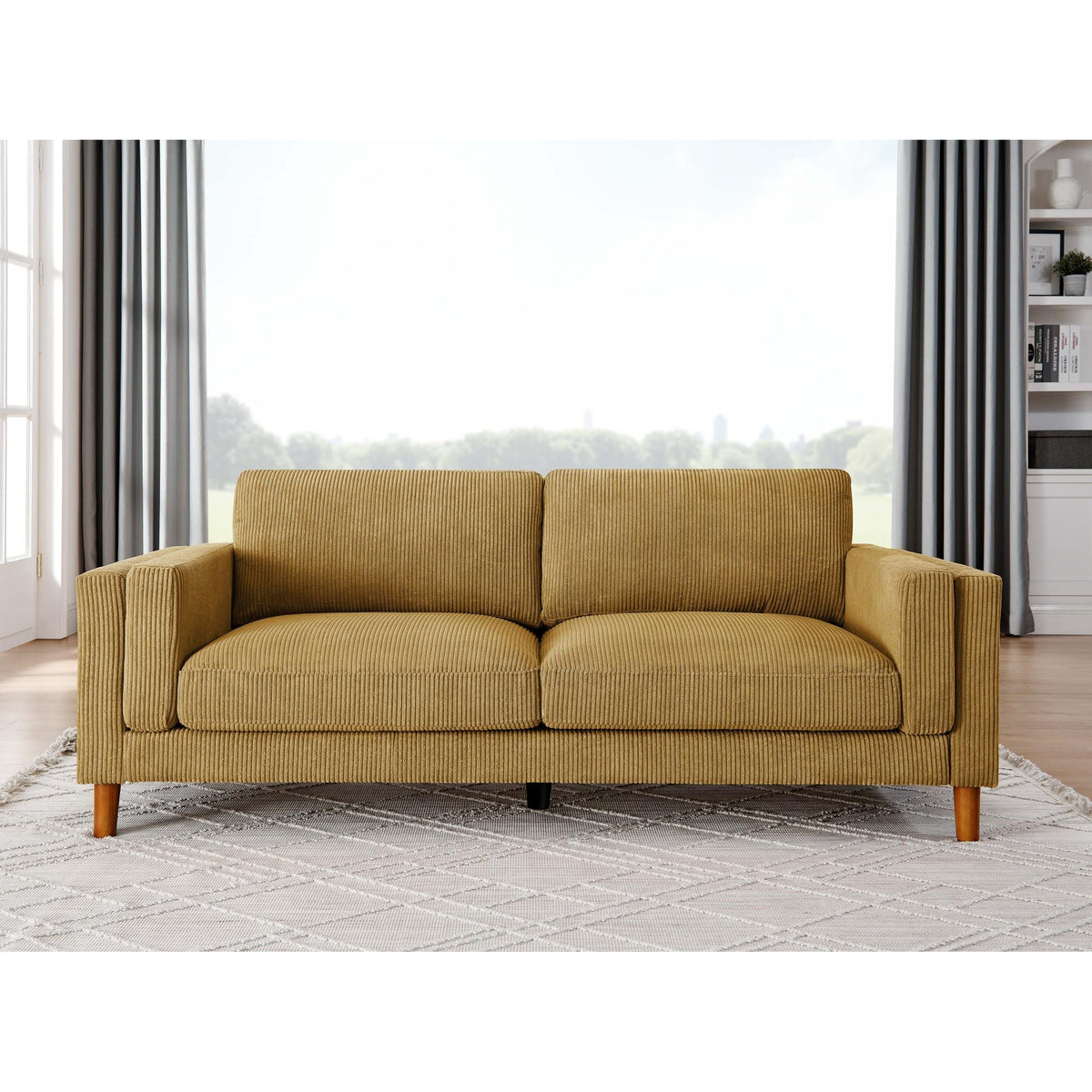 Corduroy Upholstered Square Arm Sofa with Wooden Legs