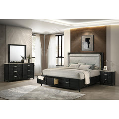 Mars 4 Pc Modern Queen Bedroom Set with Upholstered LED Headboard, Footboard Storage, Marble-Top Dresser, Mirror, and Nightstand in Black Wire-Brushed Finish
