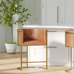 26" Counter Stool – Tobacco Brown Faux Leather with Brass-Finish Metal Base, 1PC