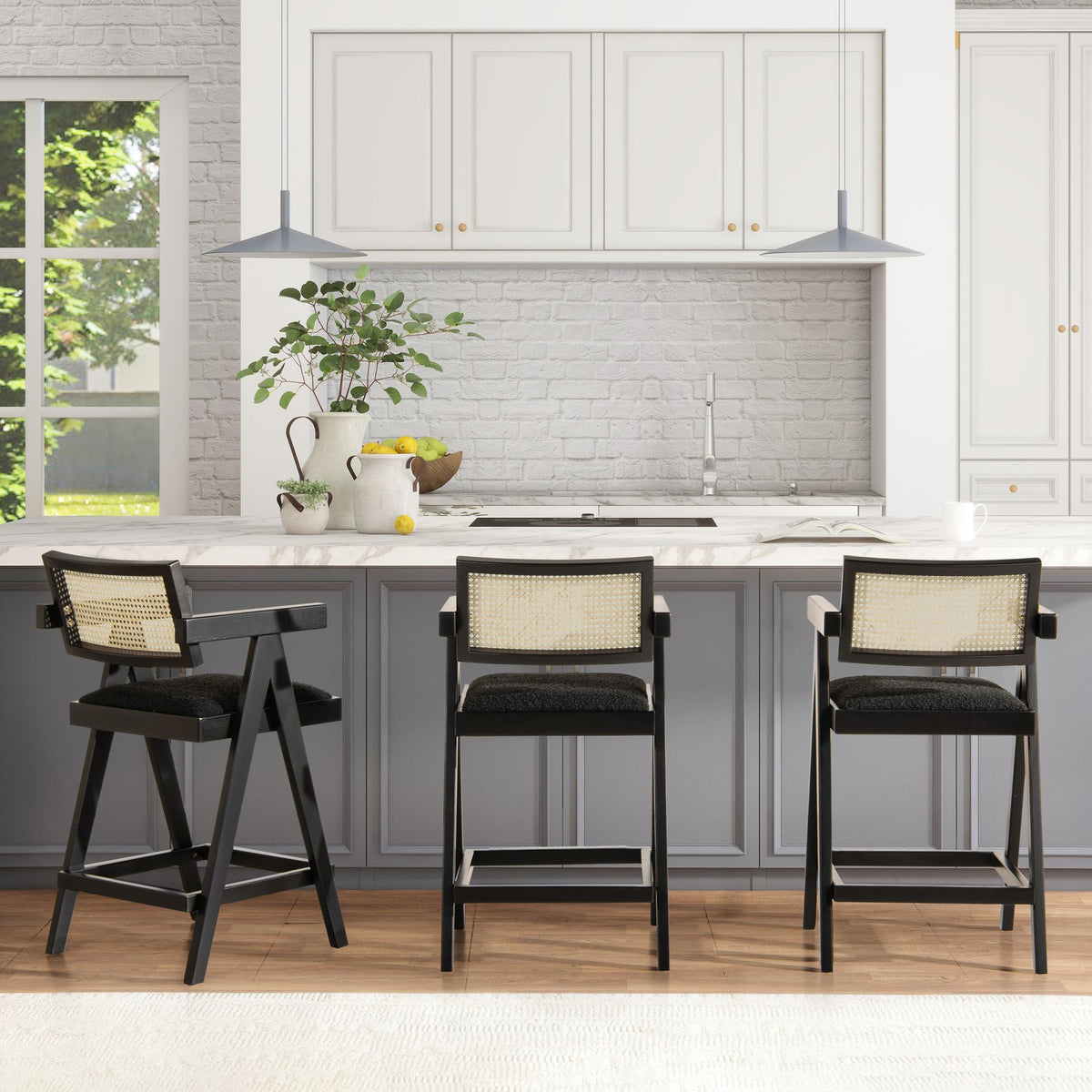 Record 25.5" Modern Resin Webbing Back Bar Stool with Arms, Set of 3, Ebony Black Boucle