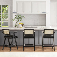 Record 25.5" Modern Resin Webbing Back Bar Stool with Arms, Set of 3, Ebony Black Boucle