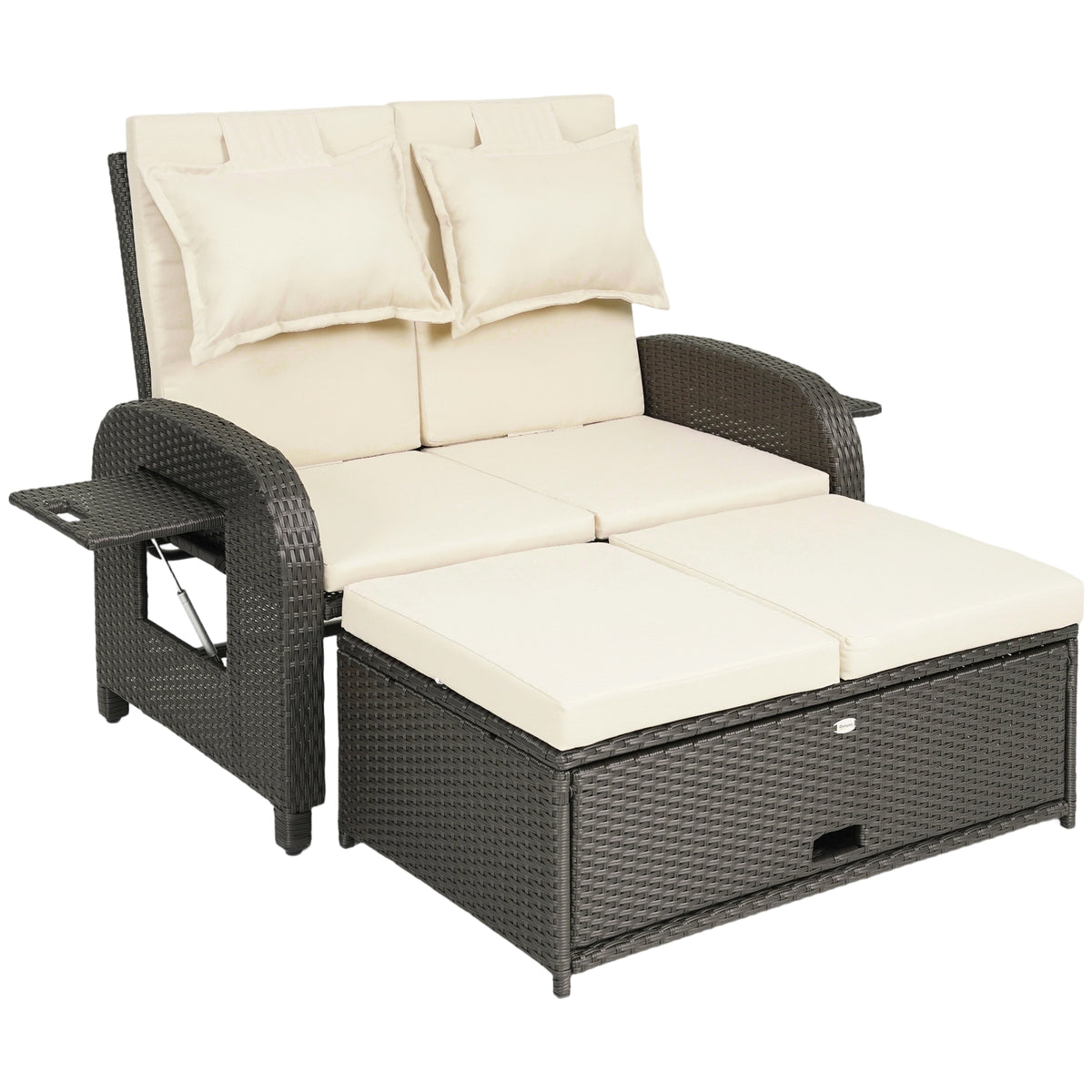 Patio Rattan Daybed, Wicker Outdoor Daybed with Storage Ottoman, Loveseat w/ Adjustable Backrest, Beige