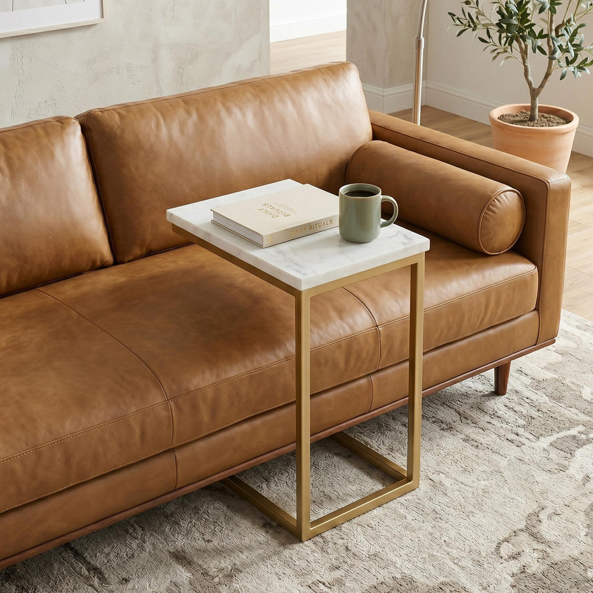 Orion C Side Table with Genuine Marble Top in White/Gold